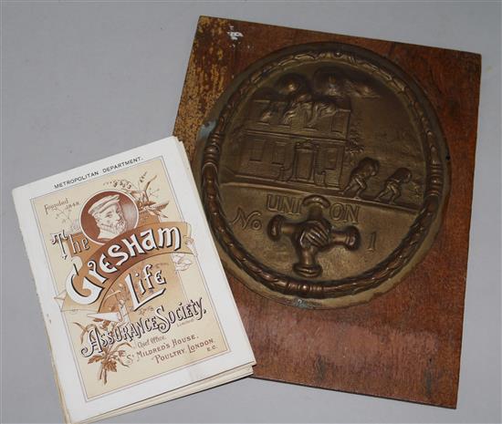 A Union firemark, circa 1830, with traces of paint, another Union firemark mounted on board, sundry insurance ephemera, etc